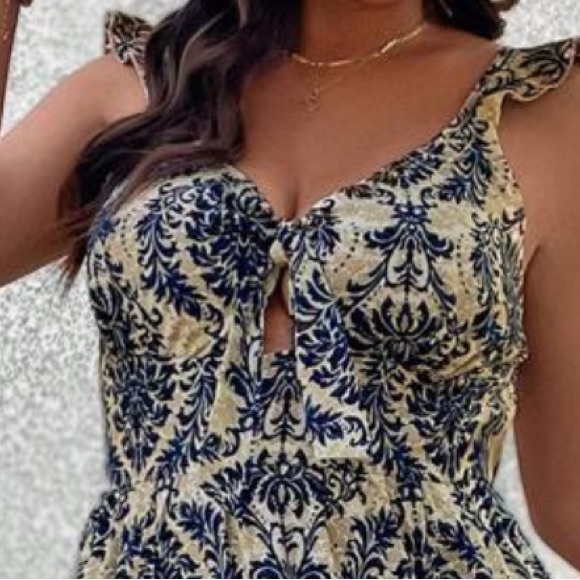 Boho Floral Paisley Print CUTOUT Front Tie Ruffle Print Tank Top Maxi Dress - Picture 4 of 6